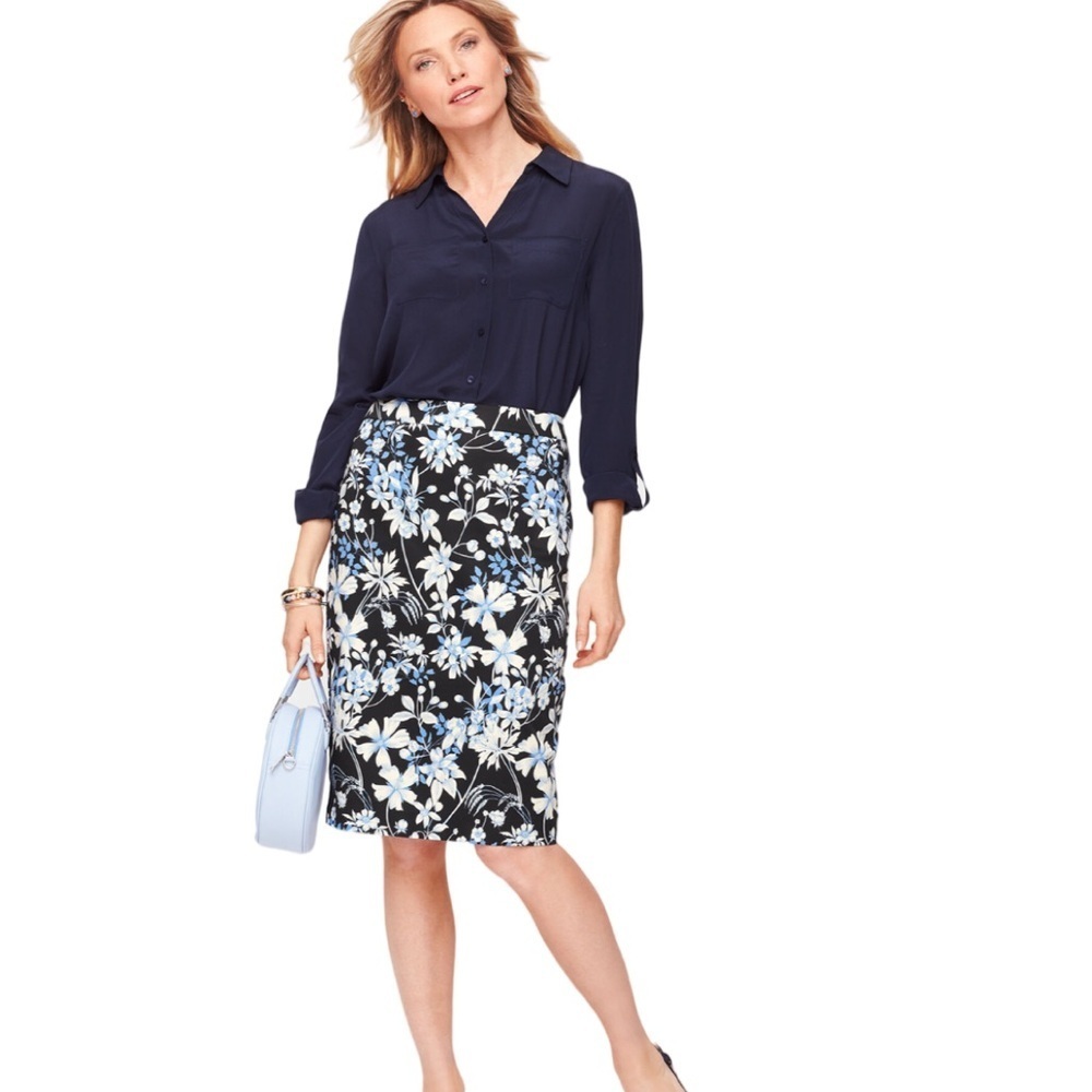 Talbots Floral Black Blue White Garden Pencil Skirt NWOT Size 16P